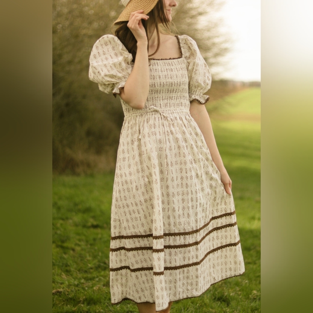AUREUM Marigold Cream Cotton Smocked Dress sz LARGE